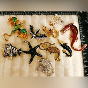 Lot 11 Rhinestone Fantasy Flying Dragon Lobster Animal Brooch Dolphin